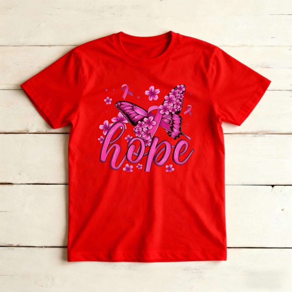 Hope Floral Butterfly Pink Ribbon Graphicunisex Summer Cotton T Shirt Breast Cancer Positive Short Sleeve Casual Top
