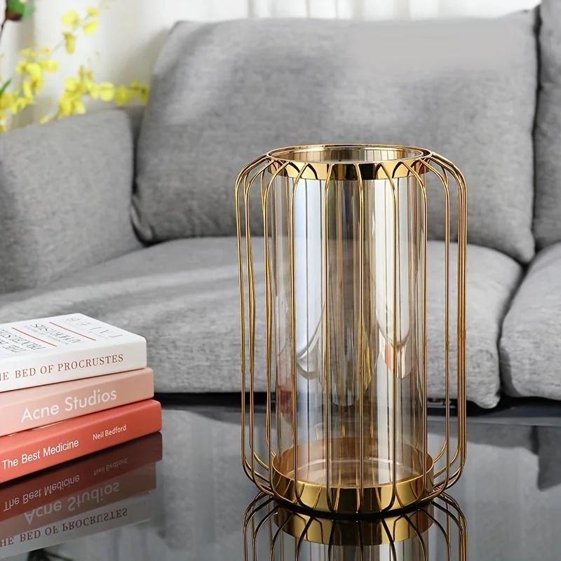 Flower Vase Nordic Simple Golden Glass Vase Hydroponic Plant Flower Vase Iron Geometric Glass Test Tube Metal Plant Holder