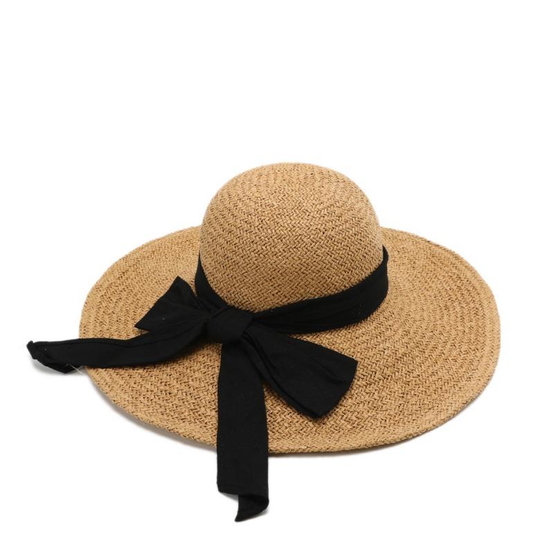 Summer straw hat women's fashion straps bow hand-woven hat seaside vacation sunscreen sunshade beach hat