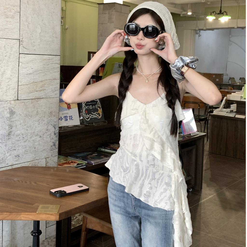 Spice girl retro ruffle edge splicing irregular sling vest women's summer design sense old top