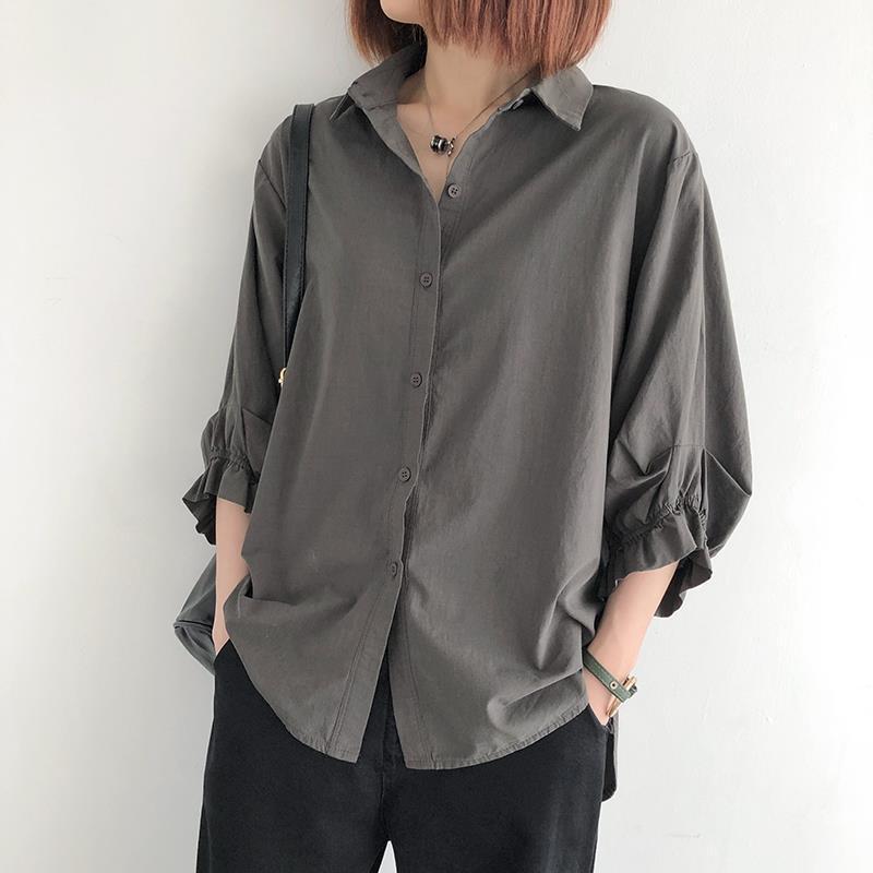 Plus Size Women Summer Lantern Sleeve Shirts Loose Solid Color Tops Korean Style Shirt