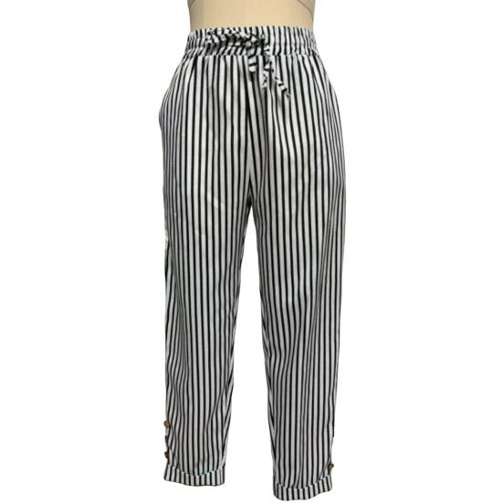 Women Harem Pants Adjustable Elastic Waistline Striped Print Boho Pants with Pockets Lightweight Breathable Casual Trousers