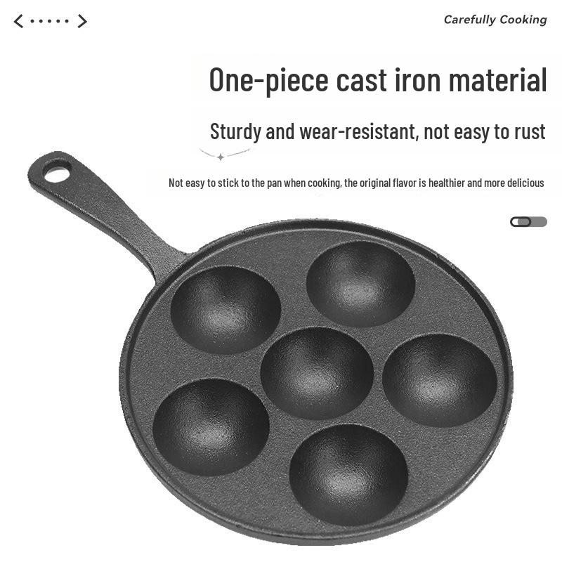 Cast Iron Six-Hole Takoyaki Pan with Handle, Non-Coated, Multifunctional Non-Stick Griddle