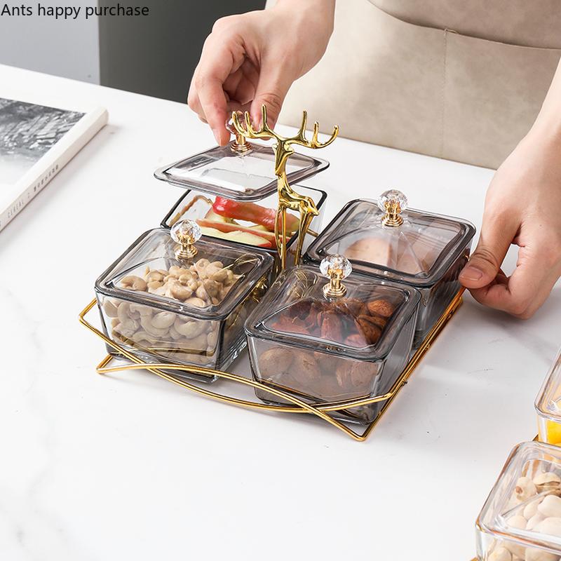 Wrought Iron Glass Snack Tray with Cover Refreshment Tray Snacks Platter Fruit Plate Dried Fruit Plate Salad Bowl Dessert Bowl