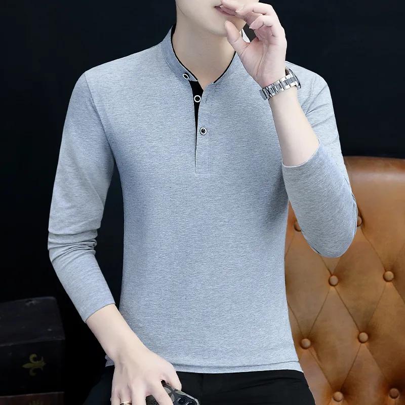 All Season Men's Manin Collar Polo Shirt Casual Slim Fit Long Sleeve Button Up Top