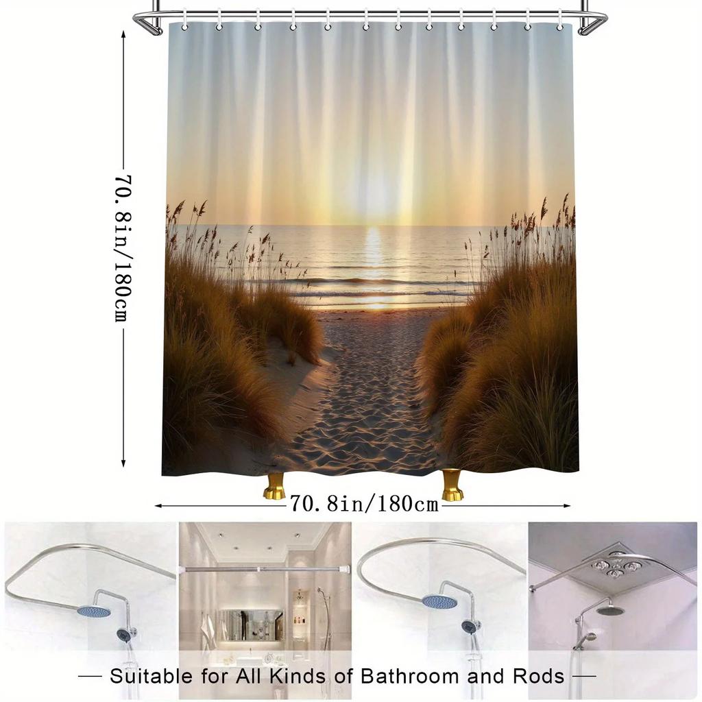 Sonnenuntergang Strand Duschvorhang - Ruhiger Küstenpfad, Goldene Töne, Meereswellen & Lebendiger Himmel, Polyester, 70x70 Zoll