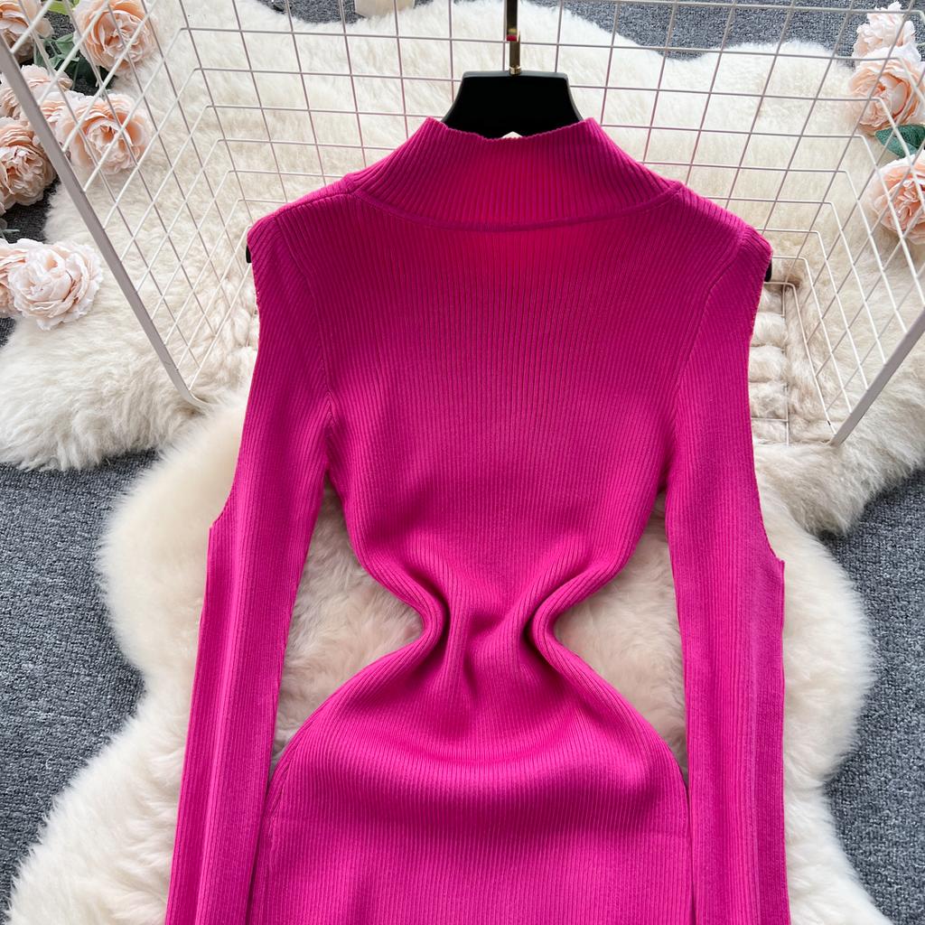 Elegante strass con spalle scoperte manica lunga maglia aderente abito tubino slim basic moda maglione vestido abbigliamento invernale sexy