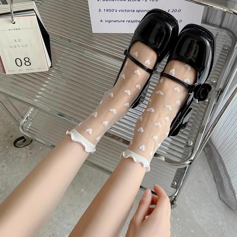 1/2 paia Calzini Neri Trasparenti Donna Estate Elastici Cuore Seta Calza Cristallo Caviglia Pizzo Arricciato Sox Grembiule JK Calzino Corto