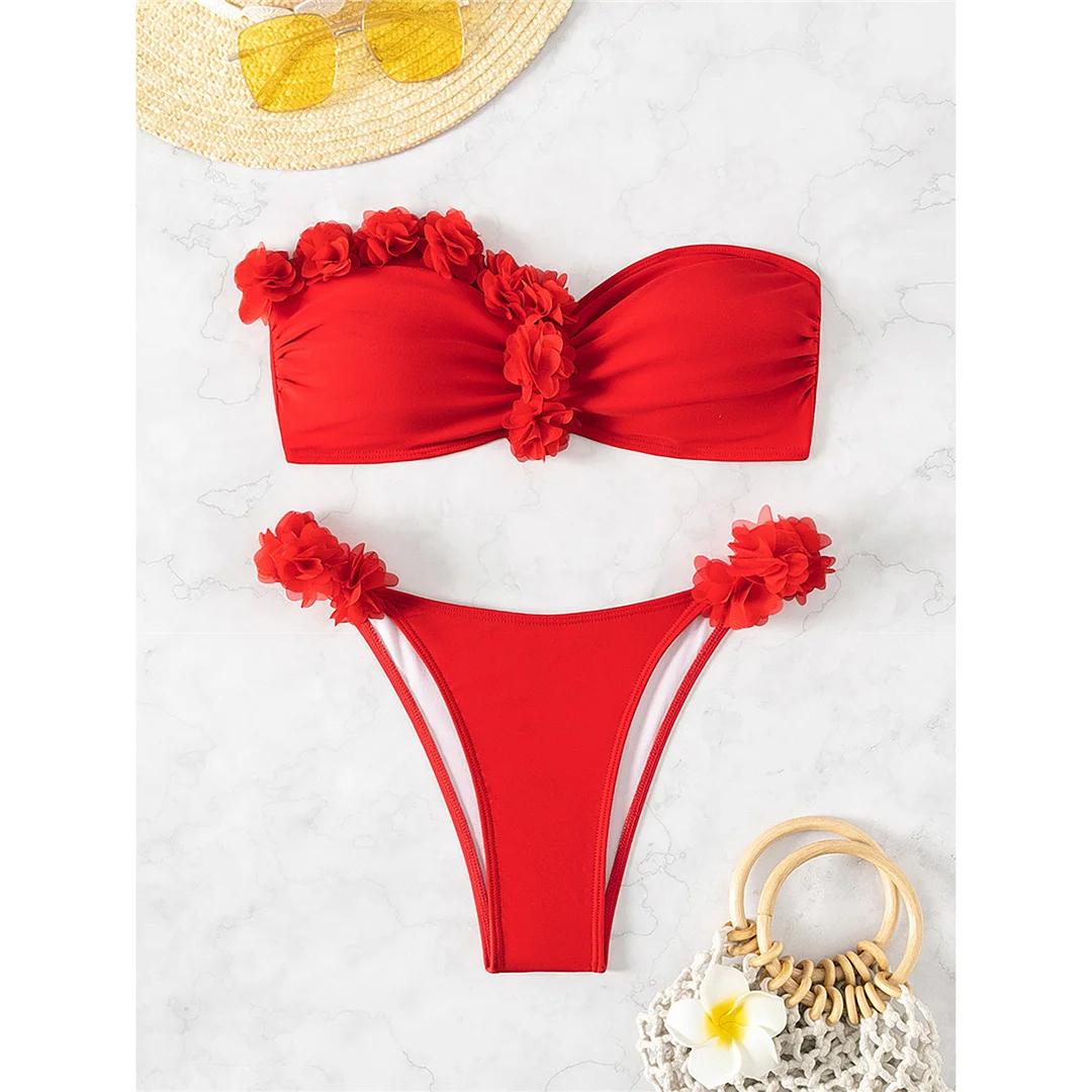 Blumen Bandeau High Cut Bikini Damen Bademode Damen Badeanzug Zweiteilig Bikini Set Badegast Badeanzug Schwimm M rot