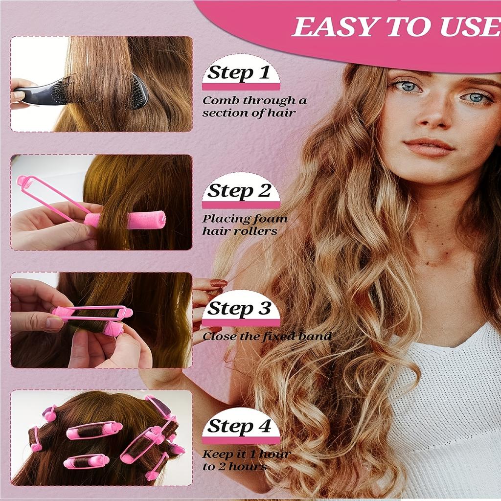 Pack of 12 Pink Foam Curlers, Portable Styling Tools for All Hair Types, Soft and Elastic Sleep Curler for Women and Girls, Flexible Sponge Rollers
