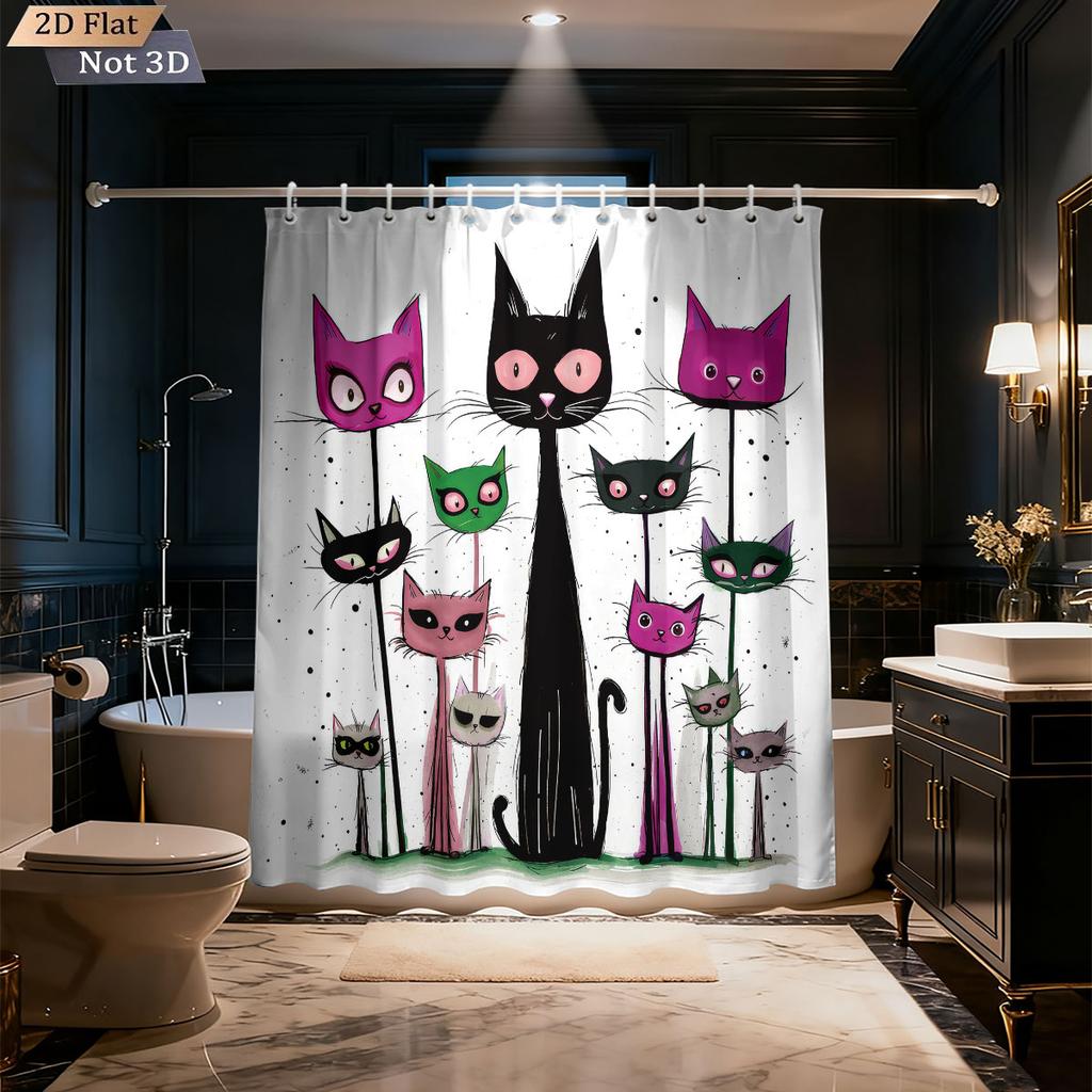 1Pc Color Cartoon Cat Print Waterproof Shower Curtain Partition Privacy Hanging Curtain, With 12 Hooks, Multiple Sizes