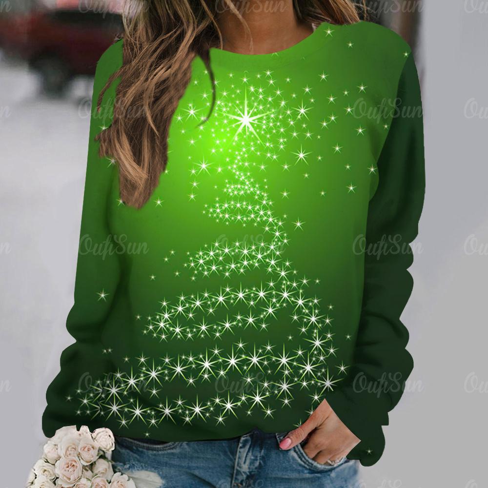 Christmas Tree Printed Women's T-Shirt Holiday Clothing For Ladies Autumn O-neck Loose Long Sleeve Tops Female Harajuku Pullover
