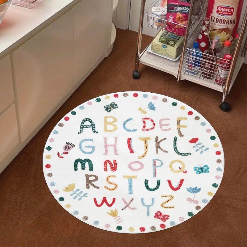 Alfombra Redonda de Felpa con Flores y Letras ABC de Colores para Niños, Tapete de Juego Educativo Antideslizante para Guardería, Habitación Escolar, Cubierta de Piso Divertida Educativa