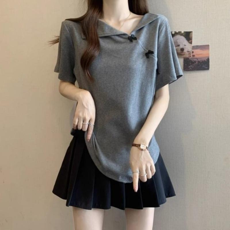 

Turndown Collar Women s Short Sleeved T-shirts Bow Decoration Elegant Lady Tees Korean Minimalist Grey Ladies Top XXL серый
