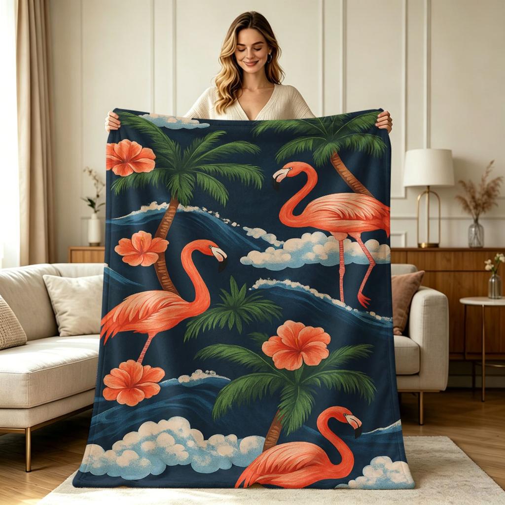 All Season Flannel Blanket Tropical Flamingo Palm Tree Hibiscus Flower Print Soft Warm Cozy Throw Blanket for Couch Sofa Bed Office Home Decor