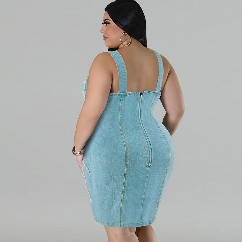 Plus Size Denim Sleeveless Mini Dress With Fringe Detail A-Line Outfit Women 1XL-5XL