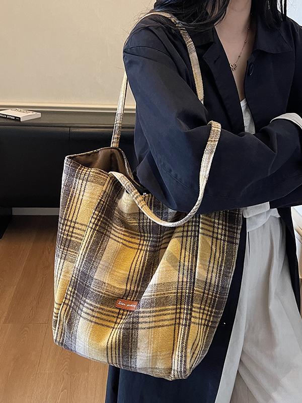 Korean Style Large Capacity Plaid Canvas Shoulder Bag for Women - Autumn/Winter 2025 Casual College Commute Tote