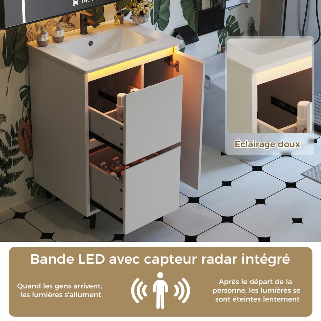 61*46.5*87cm, Freestanding Bathroom Washstand, Lacquered Surface, Integrated Ceramic Basin, Soft-Close Hinges, Two Drawers, High Foot Design, White.