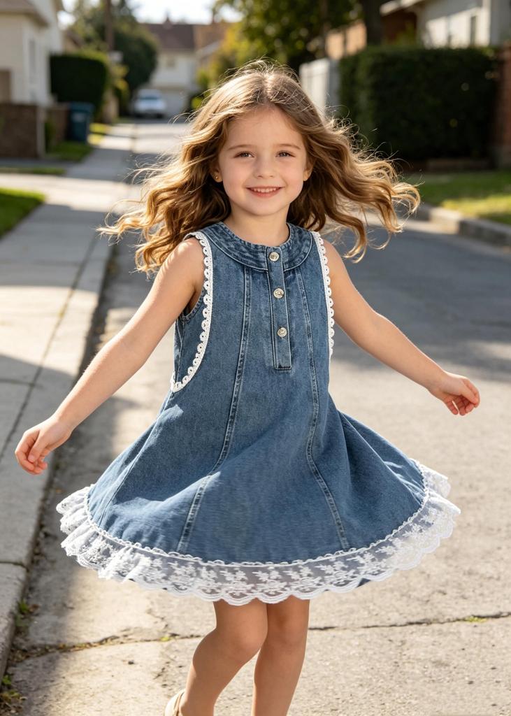 Girls Sleeveless Denim Dress with Lace Trim, Button Detail Casual Summer Outfit