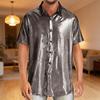 Men Shirt Lapel Short Sleeve Buttons Placket Shirt Tops Glossy Design Loose Fit Solid Color Night Club Shirt Daily Wear