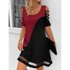 Women's U Neck Short Sleeve Loose Fit Color Block Cut Out Mesh Hem Mini Dress Casual Tunic Dress