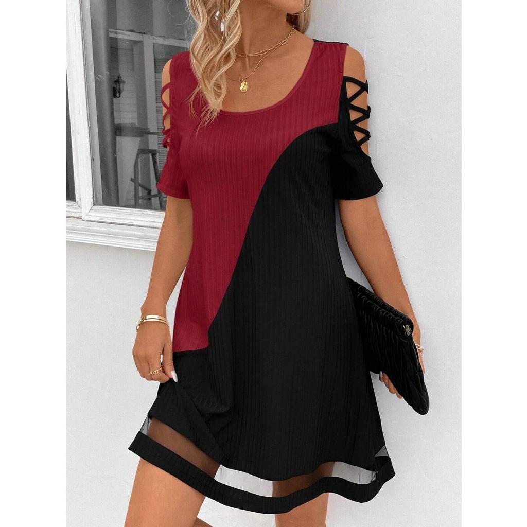 Women's U Neck Short Sleeve Loose Fit Color Block Cut Out Mesh Hem Mini Dress Casual Tunic Dress
