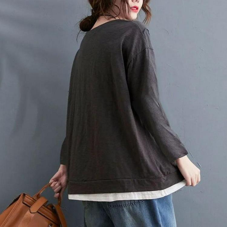Women Oversized Pullovers Long Sleeves Round Neck Loose Tops Comfortable Stretch Cotton Blouse Solid Color Autumn Winter