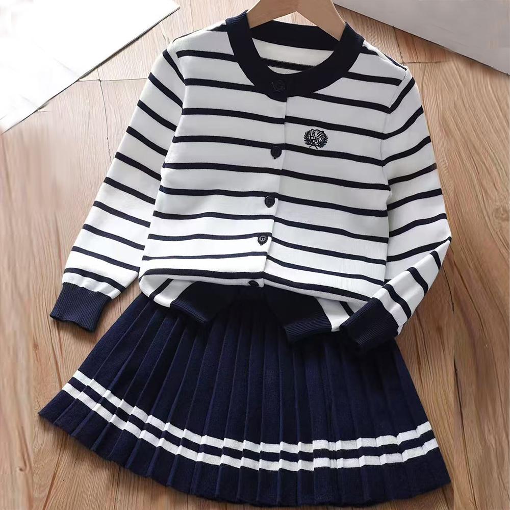 Kids Clothing Set Striped Knit Cardigan Pleated Skirt Cute Girls Outfit for Ages 5-12 Autumn Winter Children's Sweater Set