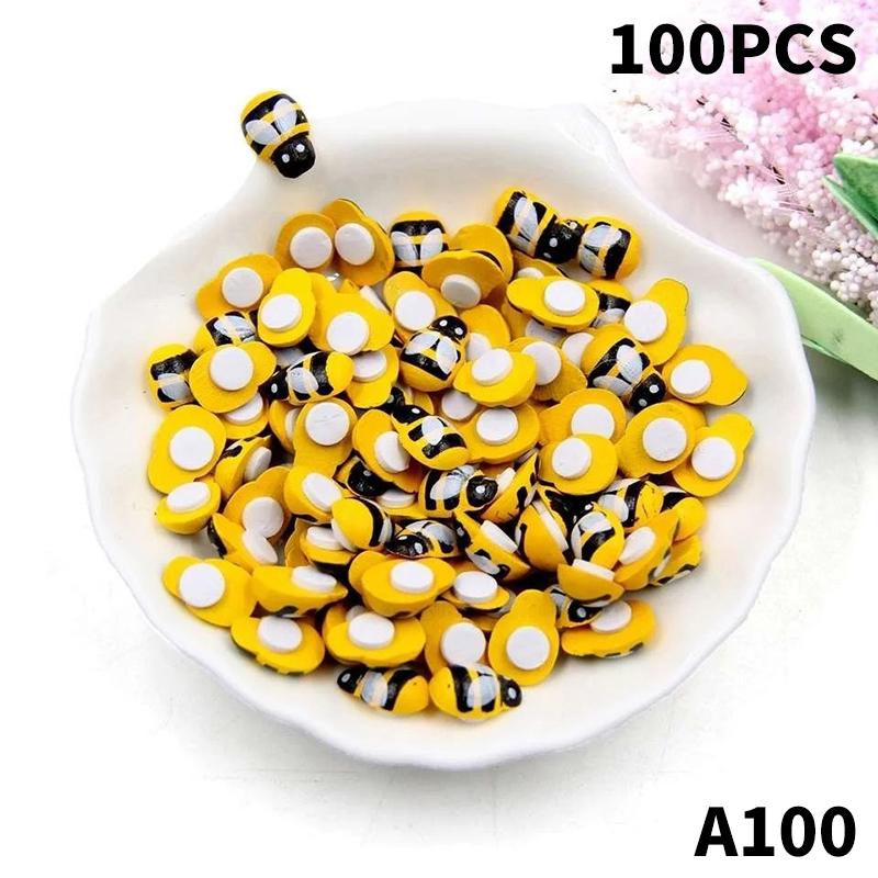 50/100Pcs Mini Wooden Bee Self-Adhesive Sticker Children Painted Diy Crafts Fairy Garden Figurine Miniature Home Decor