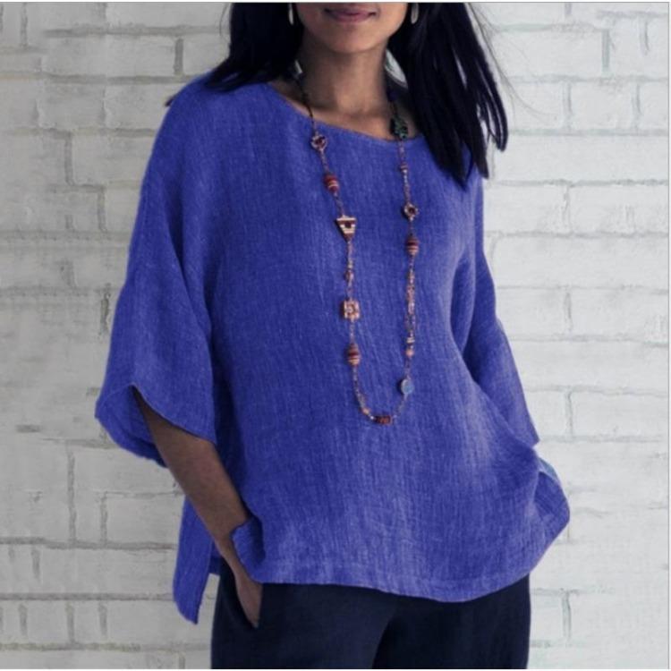 Comfortable Casual Women Cotton Linen Round Neck Shirt Top Seven Quarter Sleeve