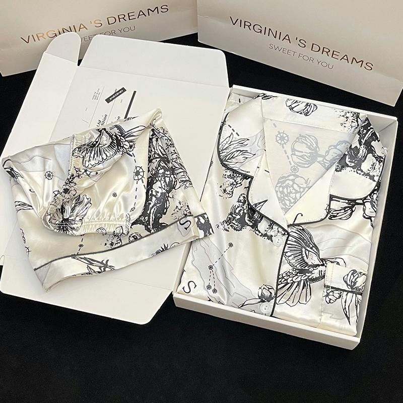 

Летняя женская милая атласная шелковая пижама с цветочным принтом, короткий рукав + брюки, женская шелковая милая домашняя одежда, повседневная одежда XXL