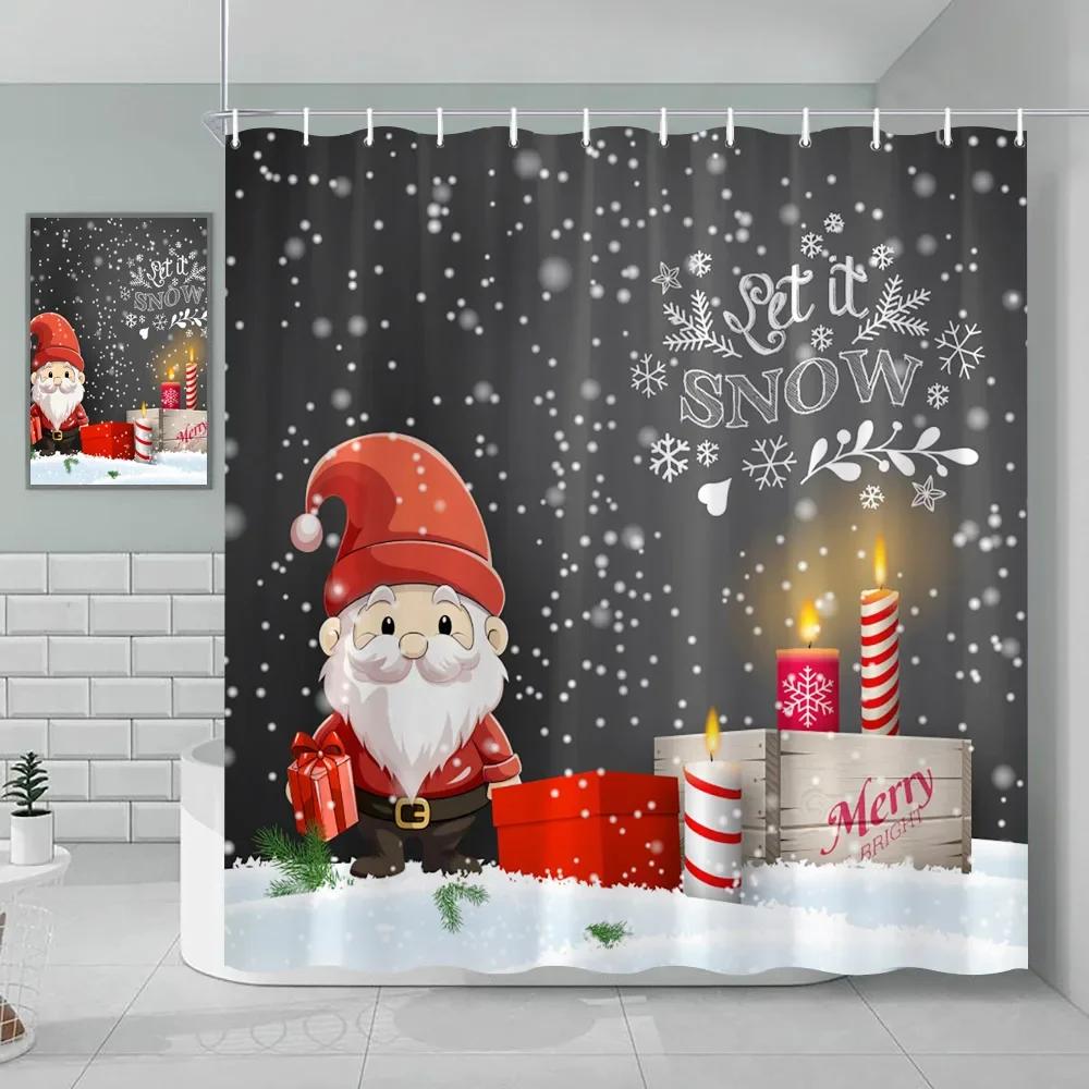 

Christmas Shower Curtain, Winter Holiday Snowman Santa Claus Christmas Tree Gifts Christmas Ball Gnomes Bathroom Decorations 90x180cm-35x70in
