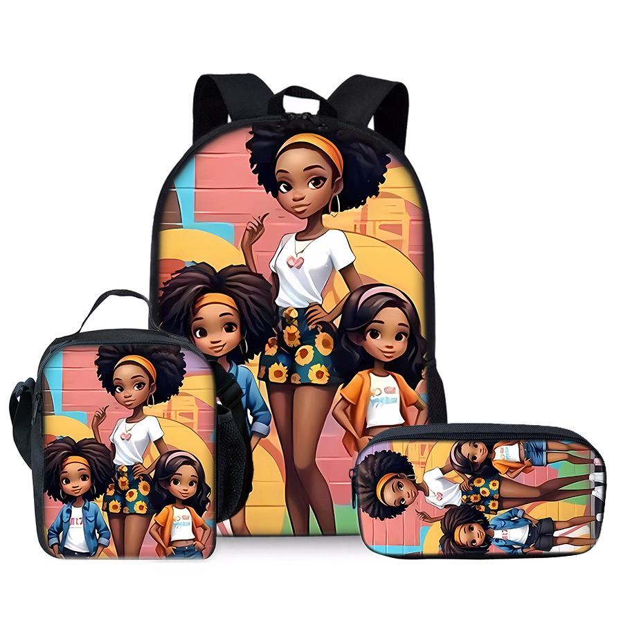 Classic Popular Novelty Funny African Girl 3D Print 3pcs/Set Pupil School Bags Laptop Daypack Backpack Lunch Bag Pencil Case