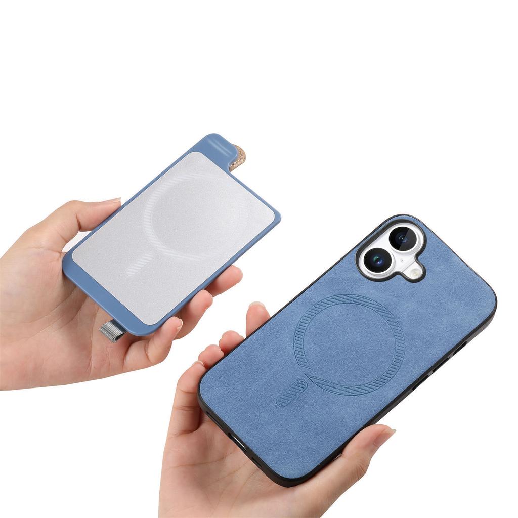 For iPhone 16 Plus Magnetic Leather Back Case with Detachable Card Holder and Wristband
