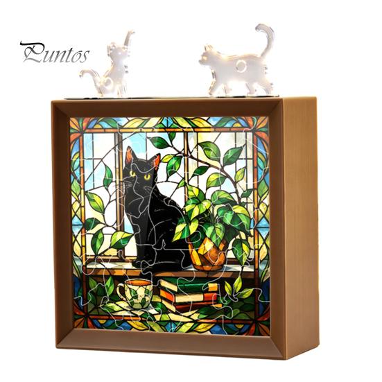 Wooden Photo Frame Base DIY Acrylic Cat Puzzles Night Light, Hand-Assembled Stained Glass Style Jigsaw Lamp with Personalized Handmade Presents Decor,