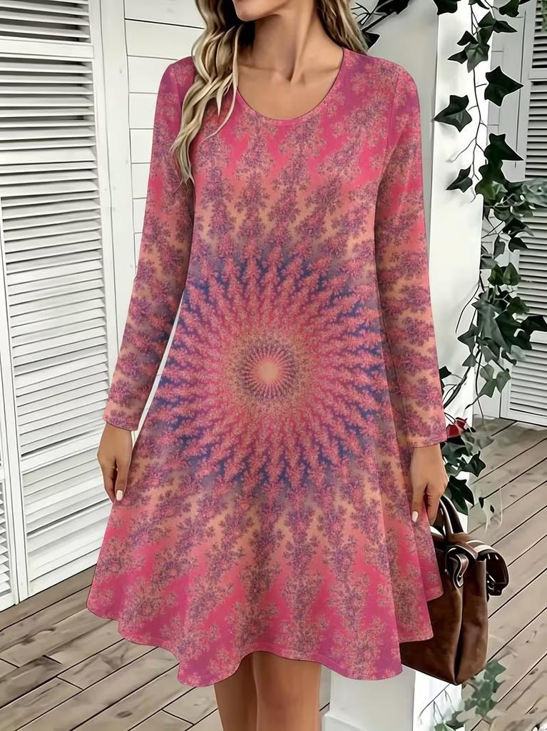 Spring Autumn Women Dress Casual Long Sleeve O-neck 3D Print Loose A-Line Dress Oversized Home Wear Robe