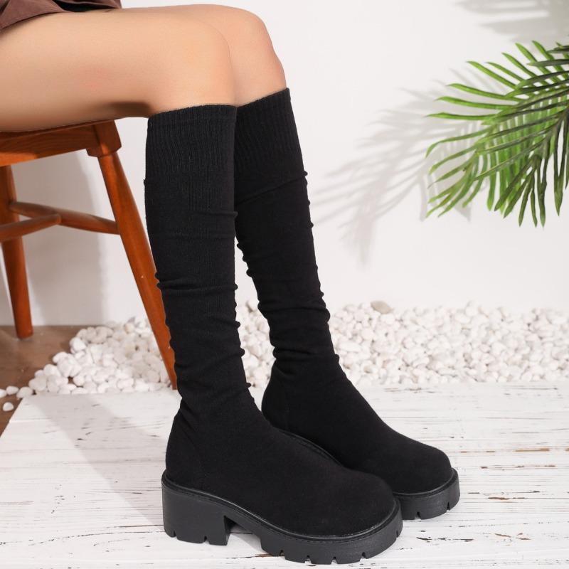 Knitted Stretch Boots Fashion Round Toe Breathable Sleeve Platform Non-Slip Block Heel Skinny Boots