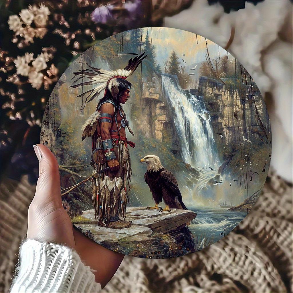 D Flat Native American Indian Chief and Wolf Totem Round Metal Tin Sign Tribal Feather Headdress Wildlife Wall Art Spiritual