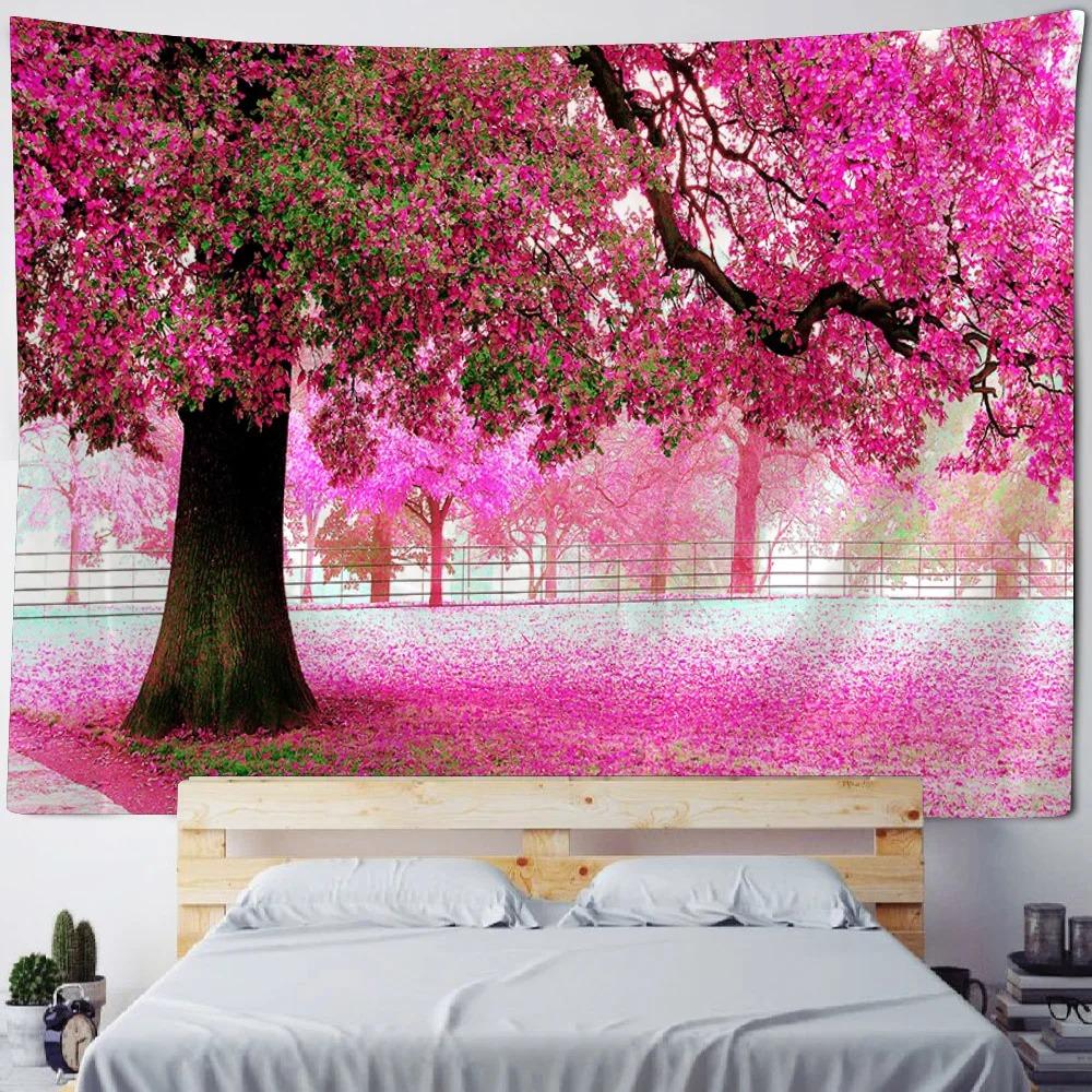 Pink Cherry Blossom Forest Pattern Tapestry Home Wall Decoration Tapestry Bedroom Living Room Tapestry