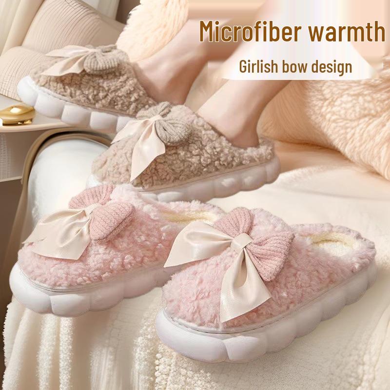 Women's Winter Fleece-Lined Fluffy Bow Slippers - Cozy, Thick-Soled Home Footwear