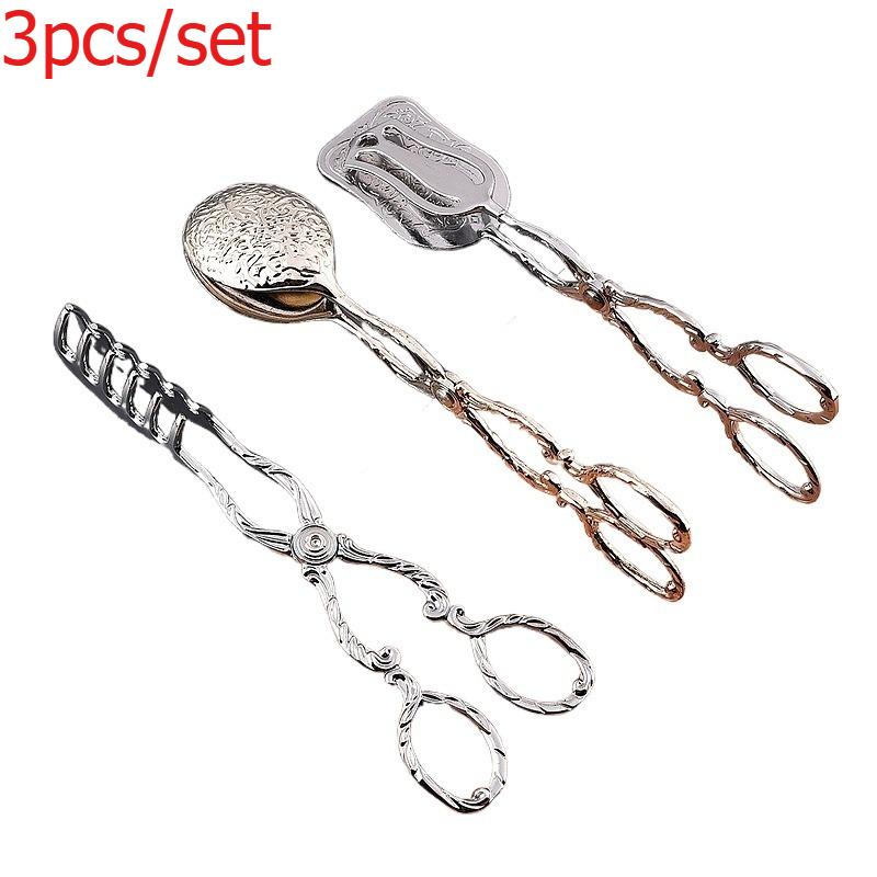 3pcs/set European Style Engraved Bread Tongs Household Kitchen Buffet BBQ Clips Cake Baking Dessert Food Tongs