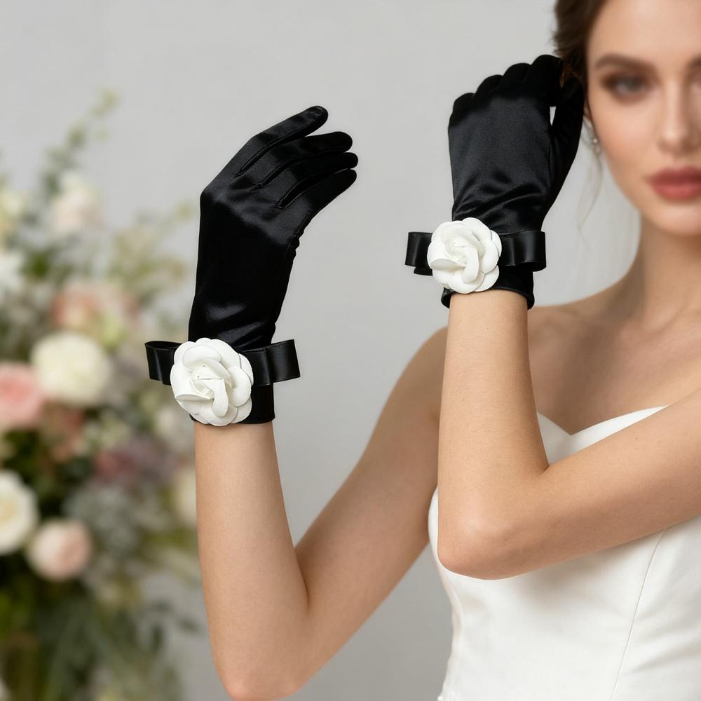 Short Gloves Women Satin Gloves Wrist Length,Flower Design, for Opera Banquet 1920s Party Wedding Halloween Costume Tea Party