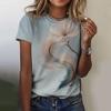 2025 New Summer Temperament Women's Floral Blue Printed Women's T-shirt Round Neck Short Sleeve Street Casual Daily Basic Tops