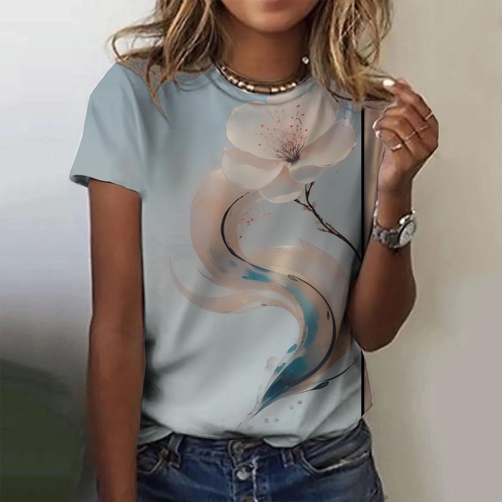 2025 New Summer Temperament Women's Floral Blue Printed Women's T-shirt Round Neck Short Sleeve Street Casual Daily Basic Tops