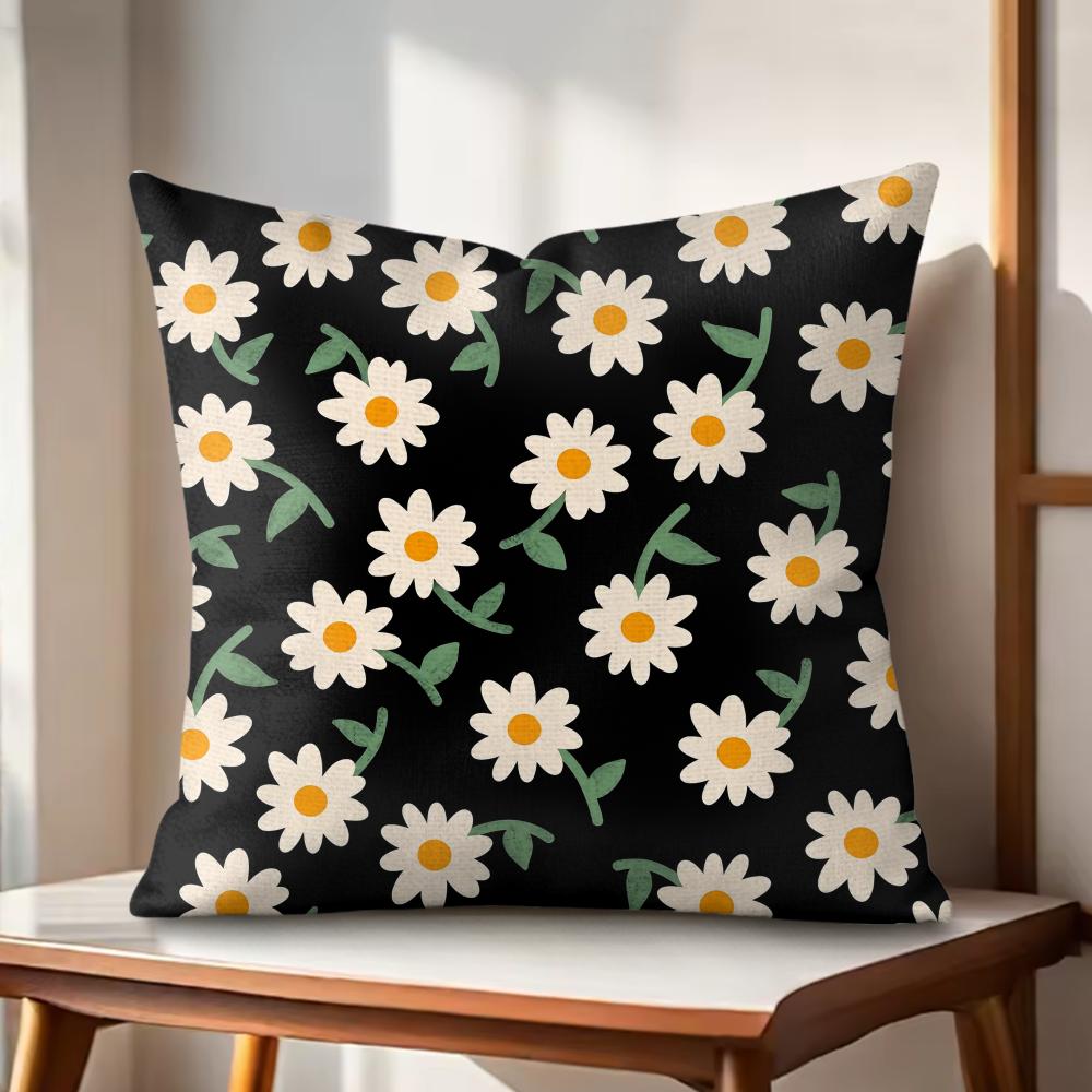 Black Daisy Cushion Cover Natural Linen Organic Fabric DoubleSided Printing Couch Pillow Covers Home Decor