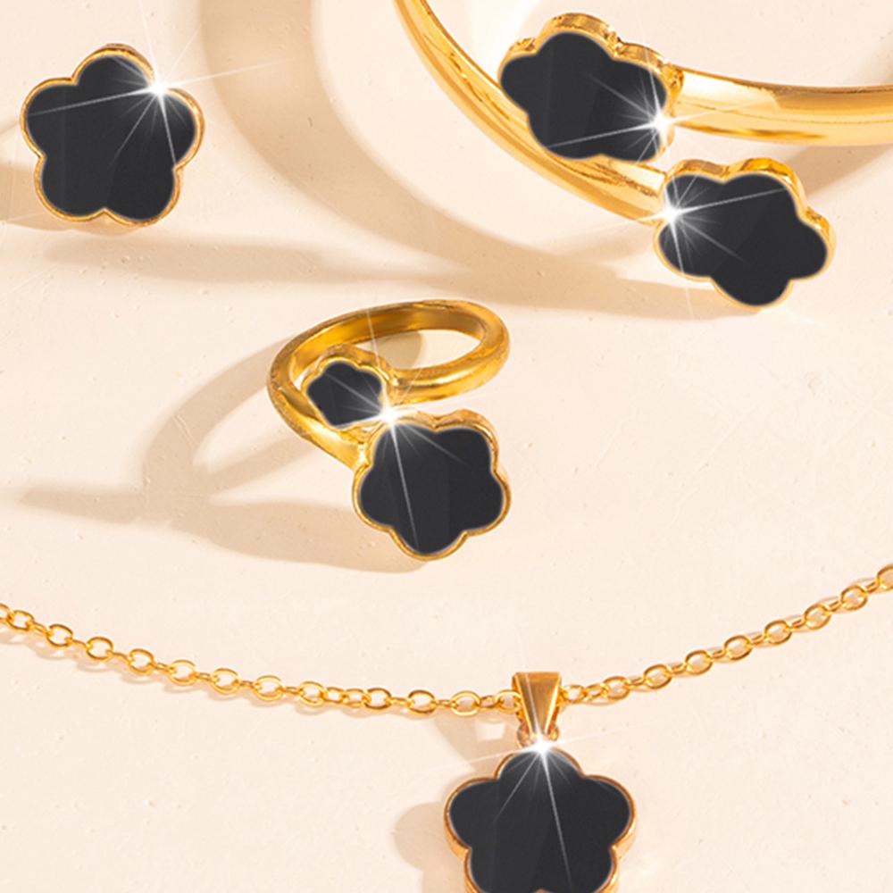 1 Pair Stud Earrings +1 Pc Necklace +1 Pc Bracelet +1 PcBangle +1 Pc Ring With Lucky Flower Design Alloy Zircon SetTrendy