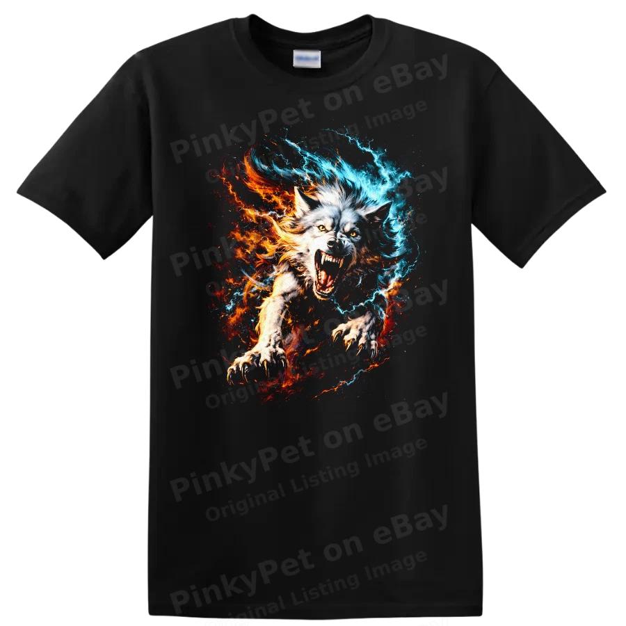 Fierce Wolf Fire Ice Graphic T Shirt Unique Animal Art Design Tee