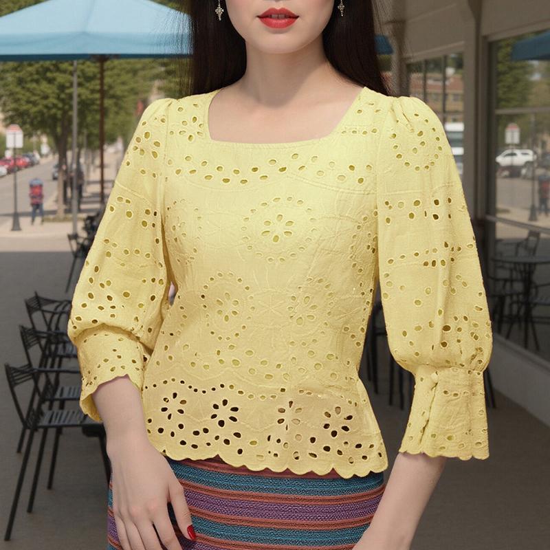 ZANZEA Women Casual Square Neck 3/4 Sleeve Loose Patchwork Lace Crochet Blouse