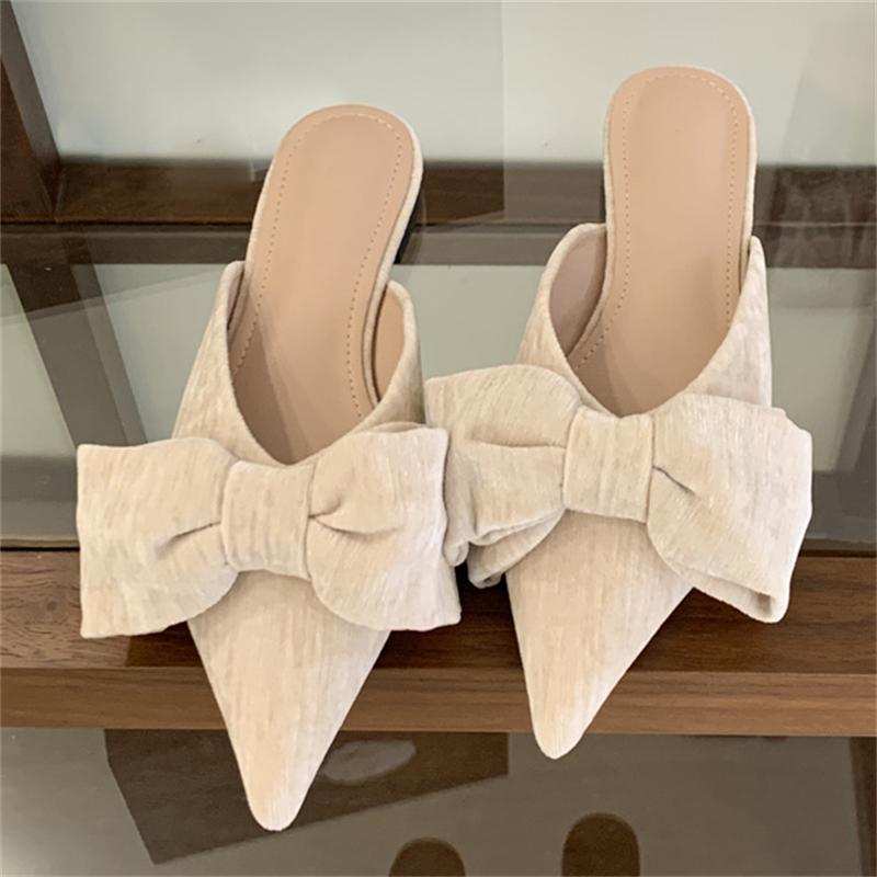 Pesstwei 2026 Frühling Herbst Elegante Designer Großer Schmetterlingsknoten Mules Damenschuhe Spitze Stripper Quadratischer Absatz Damenschuh