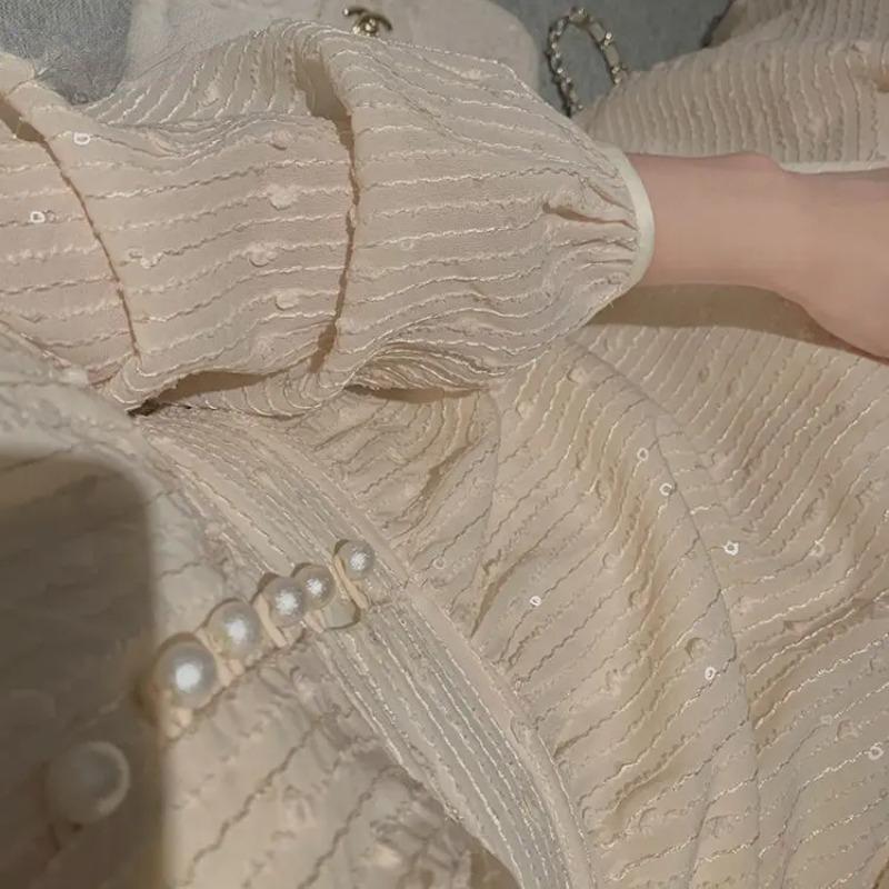 Vintage French Puff Sleeve Midi Dresses for Women Party Korean Sequins Dress Elegant Fairy Wedding Female Clothes Autumn 2024